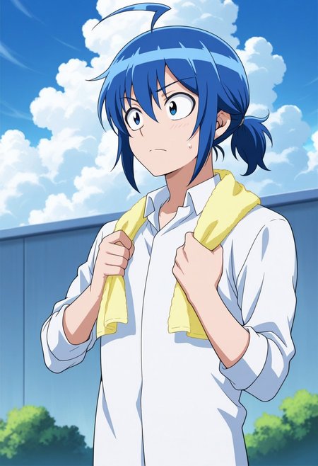 masterpiece,best quality,amazing quality, source_anime,
IrumaSuzuki, 1boy, male focus, solo, blue eyes, blue hair, ahoge, alternate hairstyle, ponytail, white shier, collared shirt, towel around neck, sweat,
outdoor, sky, day, clouds,