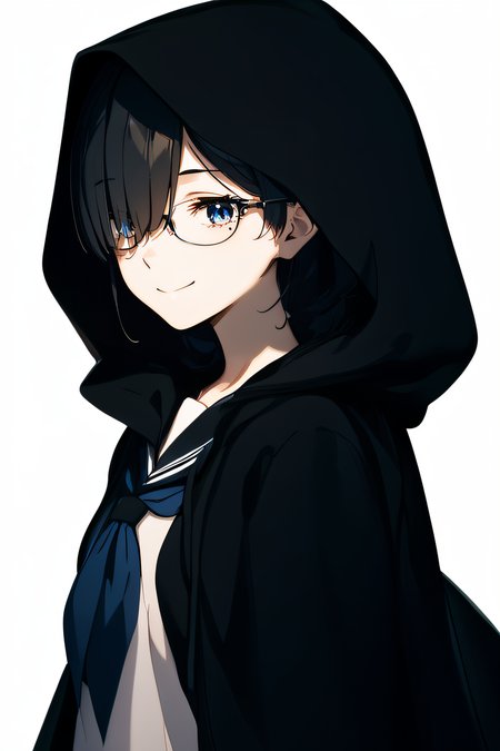 score_9, score_8_up, score_7_up, best quality, masterpiece, 4k, uncensored, prefect lighting, rating_explicit, very aesthetic, anime BREAK, extremely detailed eyes, <lora:PONY_Juumonji:0.9>, kaho, mole, black hair, hair over eye, glasses, blue eyes, closed mouth, serafuku, white shirt, long sleeves, simple background, looking at viewer, frontal view, upper body, cloak, hood, smile