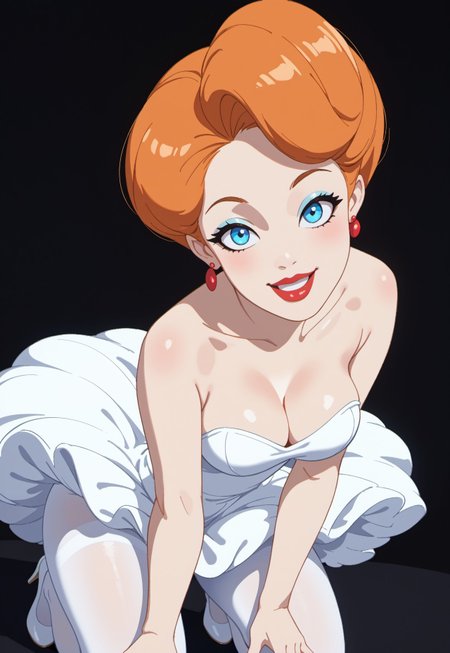 safe_pos, score_9, score_8_up, score_7_up, source_anime,hentai, anime, masterpiece,
RHRH, 1girl, solo, blue eyes, earrings, makeup, short hair, orange hair, lipstick, white dress cleavage, strapless, big tutu, white pantyhose, big thighs,
black background, rim lighting, smile open mouth, finger on lip, looking at viewer, black background, angle view kneeling pose, cleavage, aureola