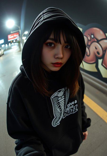 18years old, (best quality),(masterpiece),(ultra detailed) raw lighting, harsh flash,score_9, score_8_up, score_7_up, score_6_up,masterpiece, ultra-realistic 8k, (best quality), highly detail, fisheye lens ,standing, sharp,detailed,higher resolution textures, 4k graphic resolution,1girl, solo,asian beautiful girl,upper body,perfect eyes, goth girl,black eyes,shiny skin, medium hair, Red eyeshadow,ultra long eyelashes , upturned eyes ,looking at after,lens flare,beautiful color, detailed, amazing quality raw lighting, harsh flash,detailed, amazing quality ,black sneaker,black baggy pants, wearing a black hoodie that accentuates his don't-care attitude with the graffiti cobra and text “give me  buzz” in white, hood up,Red eyeshadow, long eyelashes , upturned eyes,