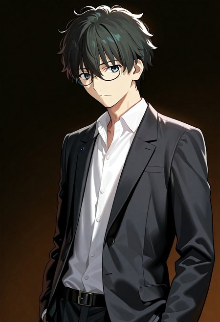 ((masterpiece, best quality, amazing quality, very aesthetic, absurdres)), 
Takeuchi takashi, ((solo)), ((detailed eyes)), calm, closed mouth, 1boy, solo, peaceful, closed mouth,(((oreki_houtarou))), (((black hair, black hair, grey eyes))), ((glasses)), ((short hair, hair between eyes)), (((black suit, open suit, white shirt, collared shirt, black slacks))), no background, dark background, cowboy shot, dark background, portrait, looking at viewer