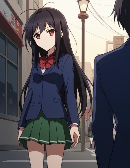 score_9, score_8_up, score_7_up, source_anime, <lora:accelworld-kuroyukihime-s1-ponyxl-lora-nochekaiser:1>, kuroyukihime, long hair, black hair, red eyes, antenna hair,, skirt, bow, brown eyes, school uniform, jacket, blazer, red bowtie, blue blazer, green skirt, pleated skirt, city street, evening, streetlights, walking dog, quiet neighborhood, gentle breeze, , hands on own knees, looking at viewer, solo,, dutch angle, cowboy shot