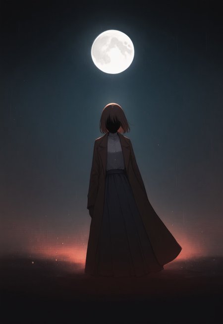 solo, ethereal, ultra-detailed, cinematic lighting, halfturned, particles, mesmerizing, fullbody,  horror, 


rain, moon, moonlight

no face, fully shadowed face, 


1girl,  short brown hair, grey blouse, dark long skirt, brown serif coat,

(748cmstyle:1.3), 

masterpiece,best quality,amazing quality, detailed, 
