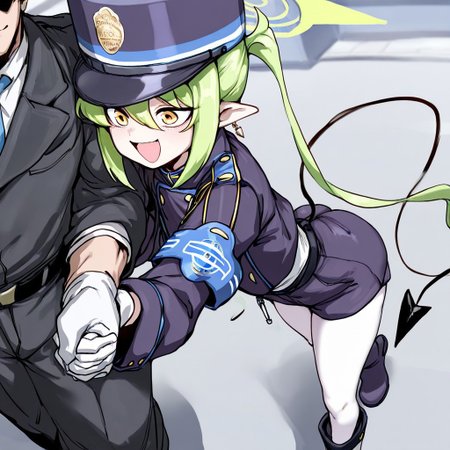 masterpiece, best quality,
 <lora:doppel:1> d0pp3l,, best quality,masterpiece, nozomi-default,nozomi_\(blue archive\),yellow eyes, green hair,twintails,long hair, pointy ears,halo,tail,black jacket,long sleeves,white shirt,black shorts,arm band,white pantyhose,white gloves,boots,peaked cap ass, bubble butt, round butt, 1 girl, solo, excited face,  open mouth, smiling, point at something
1 male, well-built, tall male, unseen face, short hair male, black hair male, side-view, closed mouth, walking together, ((front view angle)), holding hands, family-friendly relationship