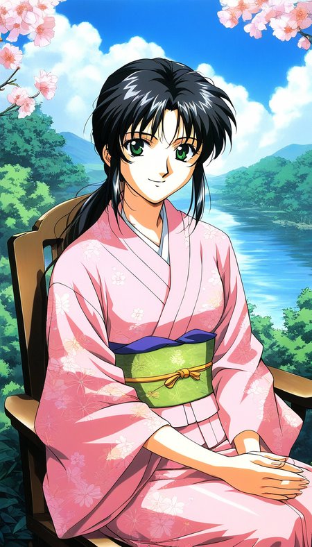 score_9, score_8_up, score_7_up, source_anime, rating_explicit, BREAK <lora:Tachibana_Yumi_XL:1> Tachibana_Yumi, black hair, long hair, green eyes, low ponytail, bangs, sidelocks, 1990s (style), 
japanese clothes, kimono, 1girl, sitting, smile, looking at viewer, sash, 1990s (style), 
obi, solo, solo focus, chair, pink kimono, floral print, own hands together,  long sleeves,
day, sky, outdoor,