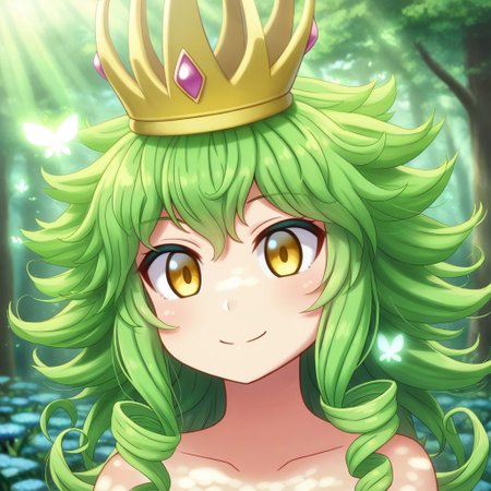 mana_sk style, portrait, focus on face, a whimsical forest sprite girl with short, curly mint-green hair and glowing yellow eyes, wearing a crown of flowers and moss, a playful smirk as tiny fireflies dance around her, dappled sunlight filtering through the trees, Japanese RPG style, magical and lively atmosphere, intricate details on her crown and the fireflies