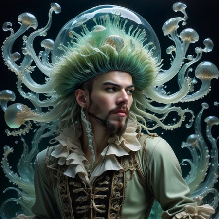 long mid shot portrait photography of an ethereal young  pirate man, fairytale aesthetic. light green sheme, Photorealistic, intricate details, realism, sfw, ultrasharp, photography, floating, water, under water, jellyfish, haute couture, tentacles, bioluminescence