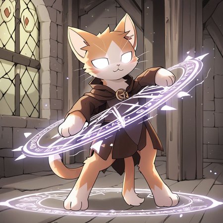 Male Bipedal Cat Witch. The Cat wears mage clothes and has glowing white eyes. The cat is inside a dungeon and is casting powerful spells. The cat's clothes are a bit battleworn, to the point of deteriorating. Masterpiece, Best Quality, Magic Circle,