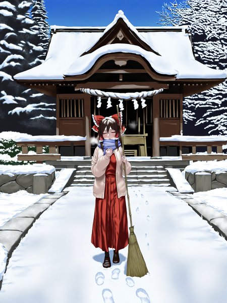 masterpiece, best quality, newest,  absurdres, very aesthetic, realism, detailed background, vivid colors,
1girl, solo, hakurei reimu, standing, holding broom, temple,  toori, stone_stairs, winter, , hakurei shrine, snow, path, scarf, open cardigan, footprints,  breath,
<lora:tomioka_sena-000010:0.7>, tomiokasena,