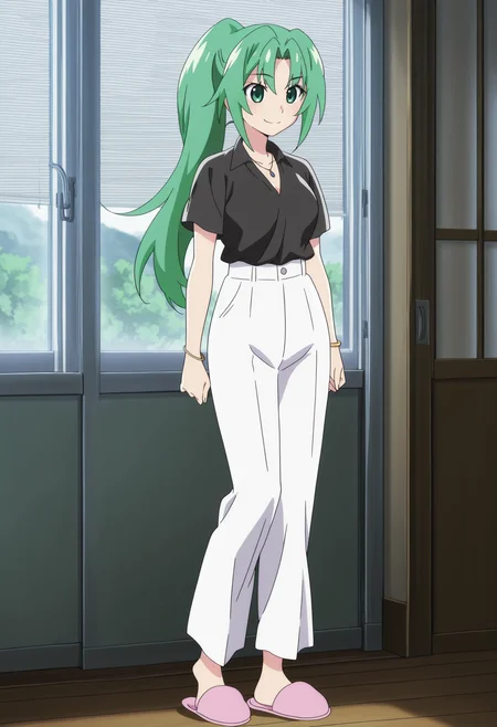 anime screencap, anime coloring, detailed face, perfect fingers, masterpiece, best quality, very aesthetic, absurdres, volumetric lighting,
 <lora:Mion_Sonozaki_Higurashi_When_They_Cry_-_Gou_and_Sotsu:1>
outside,
Mion college apperance, Mion Sonozaki (character), sonozaki mion, 1girl, solo, green hair, white pants, pants, black shirt,  jewelry, long hair, green eyes, slippers, ponytail, necklace, indoors, full body, happy girl, smile