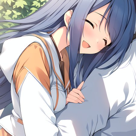 (masterpiece),(best quality),(ultra-detailed),(best illustration),(best shadow),(absurdres),(detailed background),(very aesthetic), Natsuki Kuga, standardoutfit, 1girl, long hair, blue hair, closed eyes, arm hug, smile, blush, open mouth, solo focus, happy <lora:NatsukiKugav1:1>