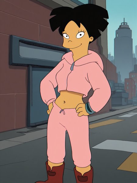 <lora:AmyWongPony1.2:1> amywong, black hair, solo, 1girl, black eyes, pink hoodie, navel, short hair, red boots, pink pants,looking at viewer,hand on own hip,  standing, cowboy shot,  smile, city,science fiction,  score_9, score_8_up, score_7_up, score_6_up, score_5_up, score_4_up