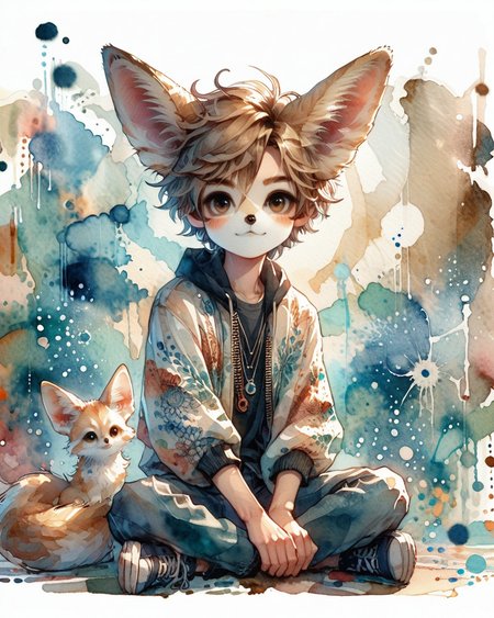 score_9, score_8_up, score_7_up, intricate details, rating_safe,
<lora:SoftWatercolors:1>, SoftWaterColor, 1boy(,
fennec, 
full body, looking at the viewer, solo, friendly expression), detailed background, depth of field, subsurface scattering, 
<lora:ral-chrosc-clr:0.3>, ral-chrosc-clr,
<lora:xl_more_art-full_v1:0.3>,
<lora:add-detail-xl:0.3>