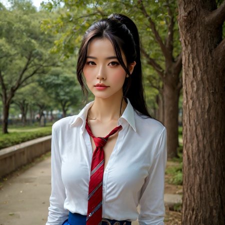 a stunning real medium breasts Korean woman with long, flowing dark hair, her piercing gaze directly addressing the viewer. score_9, score_8_up, score_7_up, 4k, high quality, (best quality:1.1), realistic, photorealistic, close-up, upper body, (ultra HD quality details), High Fashion, A highly detailed, realistic digital photo of a Korean woman 28yo with a pale complexion, emphasizing her enigmatic and mystical aura,, high resolution, rich textures, and contemplative mood. Her eyes are a deep piercing and  brown, dynamic, dramatic, haute couture, elegant, ornate clothing, dark straight hair with a few loose strands framing her face, against a cyan gradient background, Realistic photograph, Movie light, film grain, necktie, skirt, ponytail, school uniform, shirt, looking at viewer, outdoors, white shirt, blue skirt, tree, cosplay, belt,