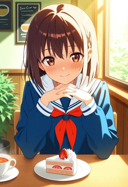 masterpiece, best quality, high quality, high details, source_anime, score_9, score_8_up, score_7_up, extremely detailed,
cheerful high school girl in uniform, sitting at cozy café table with tea and strawberry cake, smiling gently, warm sunlight through window, wooden interior, plants around, soft shadows, gentle blush, soft focus background, pastel tones, heartwarming anime style, shoulder-up view