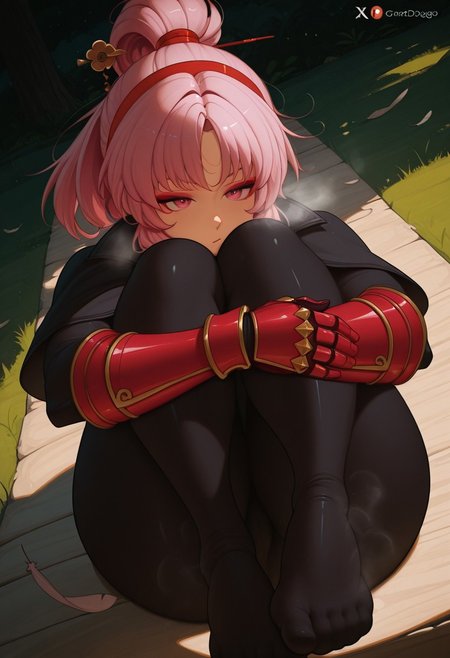 greatdoggo,  outdoors, undershirt, falling feathers, black bodysuit, hair stick, hugging own legs, , gauntlets,   eyeshadow,   red gloves,  high ponytail,  , black capelet, red hairband, pink eyes, 1girl, solo, feet, visible breath,   dynamic angle, foreshortening, smell, steam,