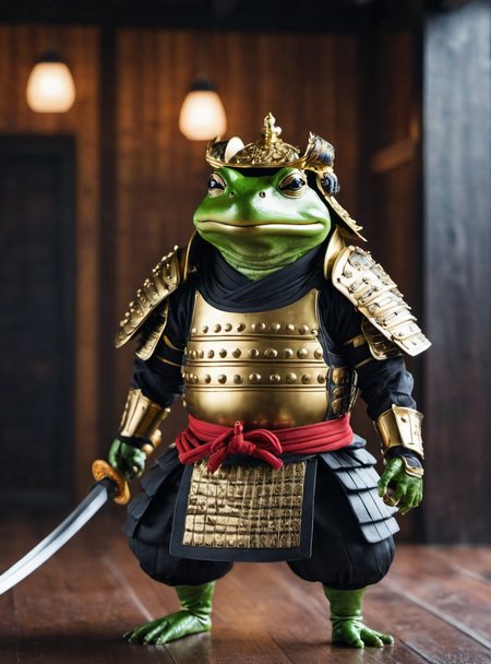 cinematic film still realistic photo of a samurai frog standing, wearing samurai armor, samurai helmet, in a dojo, strike a pose, <lora:add_detail:1>  . shallow depth of field, vignette, highly detailed, high budget, bokeh, cinemascope, moody, epic, gorgeous, film grain, grainy