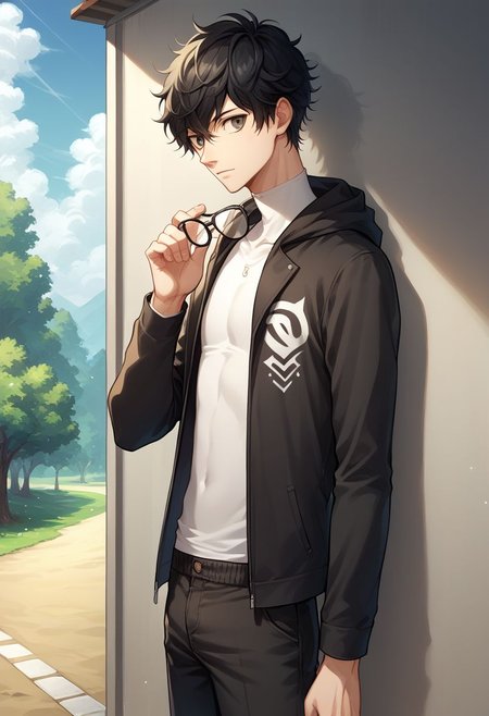 score_9, score_8_up, source_anime, highly detailed, 1boy, solo, male_focus, slender, skinny, 
ren, male focus, 1boy, holding eyewear, black hair, solo, eyewear removed, pants, upper body, hoodie, jacket,
outside,