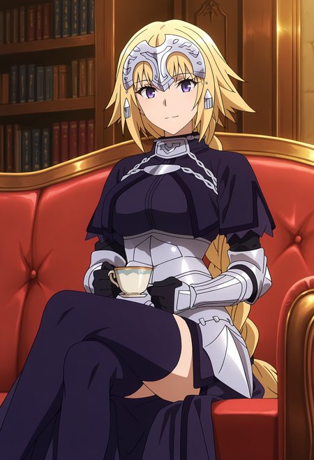 anime screencap, masterpiece, best quality,
<lora:FateApocrypha_JeanDArc_IlluXL:0.9>, 
1girl, solo, closed mouth, light smile,
braided ponytail, long hair, blonde hair, purple eyes,
headpiece, metal collar, purple capelet, armored dress, purple dress, long skirt, purple thighhighs,
sitting, couch, crossed legs, looking at viewer,
indoors, bookshelf, tea cup