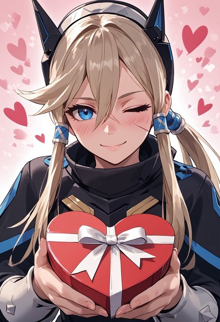 score_4,score_5,score_6,score_7_up,score_8_up,score_9 ((masterpiece,best quality,ultra detailed,highres,HD,4k:1.2)), 
1girl, solo,solo focus,girl focus,face focus,
Blade(No Mask),1 girl, solo, blond hair,long hair, low ponytail, blue eyes, sharp eyes, slanted eyes, hair tube, hair between eyes,facial scar, bangs, headgear,
pov,from the front, front view, front angle, 
Happy Valentine's Day, Valentine's chocolate, holding wrapped chocolate, 
heart background, 
blush,((wink:1.1)), smile, happy, shy,closed mouth,