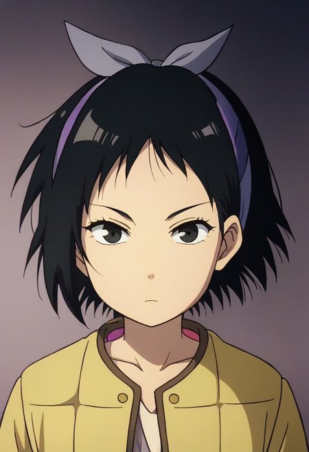 Totori, short hair, black hair, black eyes, yellow jacket, purple hairband, <lora:HeavenlyDelusion:1>,