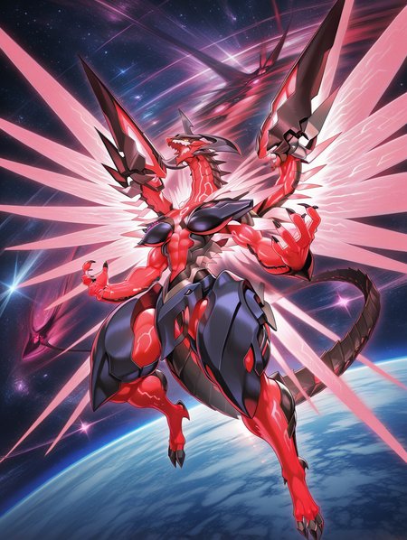 neo galaxy-eyes photon dragon, sharp teeth, space, full body, glowing, open mouth, star, (sky), no humans, open hands, 1other, galaxy, red dragon
masterpiece,best quality,amazing quality,very aesthetic,absurdres,newest,<lora:Galaxy-Eyes Prime Photon Dragon illuXL v2.3:0.85>,