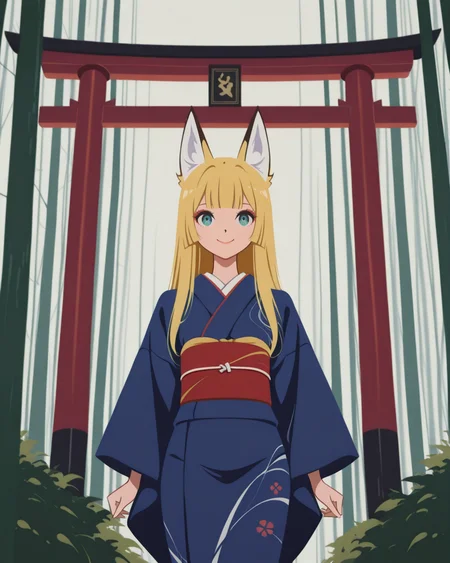 masterpiece,best quality,higres illustration,detailed face,1girl,<lora:minimaltoon_IL:1>,minimalism,smile,cowboy shot,blunt bangs,long hair,blonde hair,kimono,fox girl,fox ears,torii,forest,