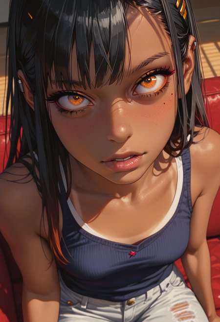 masterpiece, best quality,1girl, (score_9, score_8_up:1.1), score_7_up,Nagatoro Hayase, (amber maroon brown eyes:1.7),blushing, (black hair:1.7), long hair, dark skin, dark skinned female, tan, tanlines, hairclip, pensive, small flat breasts, fit, sleeveless shirt, short denim jeans,fringe, 
perspective, living room, sitting on a couch, front view, parted lips, from above, face closeup,perfect anatomy,very aesthetic,(perfect face, detailed face),  <lora:NagatoroLora:1>, <lora:Sinozick_Style_XL_Pony:1>