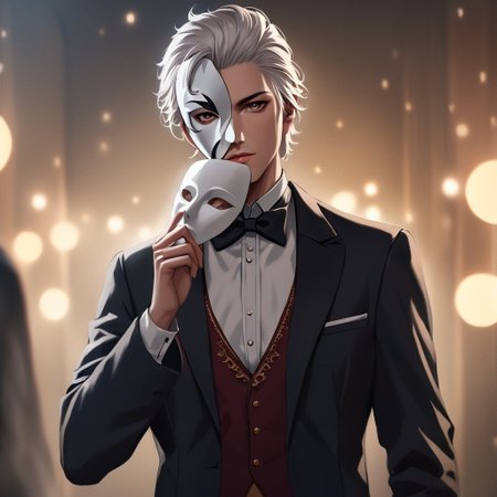 In 1870 Masked Phantom a man in a tuxedo holding a mask,  dramatic light, cinematic style, The Phantom of the Opera style, solo, looking at viewer, white hair, 1boy, holding, bow, upper body, male focus, bowtie, mask, formal, suit, realistic, holding mask, photorealistic, shallow depth of field, vignette, highly detailed, , bokeh, cinemascope, moody, epic, gorgeous, film grain, grainy,astarion,