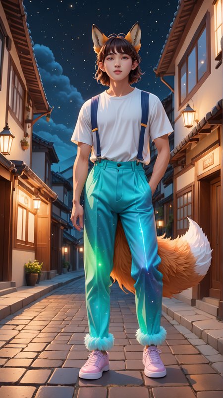 (front view:2), (detailed young male gender character:2) wearing detailed (bioluminescent 90's style pants:2), flowing brown hair and expressive eyes, (fox-like ears:2), (detailed fox one tail:2), (fox fur skin:2), (korean underweight body shape:2). Walking through a very cozy furry town with pastel color palette, the charming street has cobblestone streets, and (night horizon:1.5). Magic sparkles float in the air, adding a subtle touch of fantasy, doortoinfinity <lora:d\EnvyZoomSliderXL01:-1.25> <lora:doortoinfinity:1> <lora:more_details:1.5> <lora:xl_bioluminescent_dress-1.0:1>