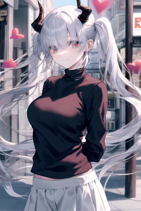 <lora:sarkazgirl-02:1>, BREAK white hair, horns, very long hair, twintails, medium breasts, voluminous hair, disheveled hair, upper body, black hoodie, white legwear, cowboy shot, outdoor shopping strip, red eyes, eyes visible through hair, arms behind back, smiling, (floating hearts:1.2)