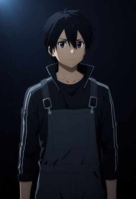 high resolution, professional photography, best quality, 1Boy, Kirigaya Kazuto, Black Hair, Black Eyes, overalldetail, cool, Mysterious black background, Movie lighting, a sense of atmosphere