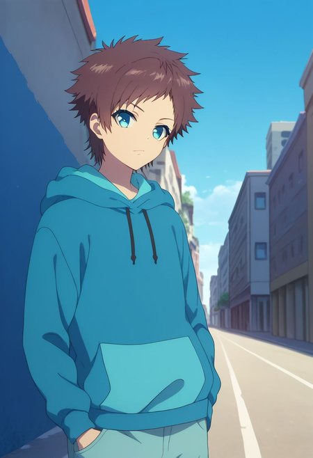 score_9, score_8_up, score_7_up, source_anime, highly detailed, 
hikari, 1boy, male focus, solo, brown hair, hoodie, hood, shorts, blue eyes, upper body, blue hoodie, hands in pocket, standing, hood down, 
outdoor, sky, street,
