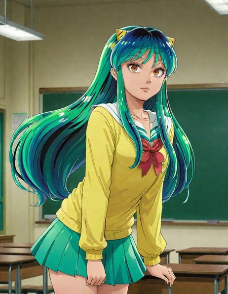 (detailed anime art) of lum standing in classroom <lora:lum2:0.85>