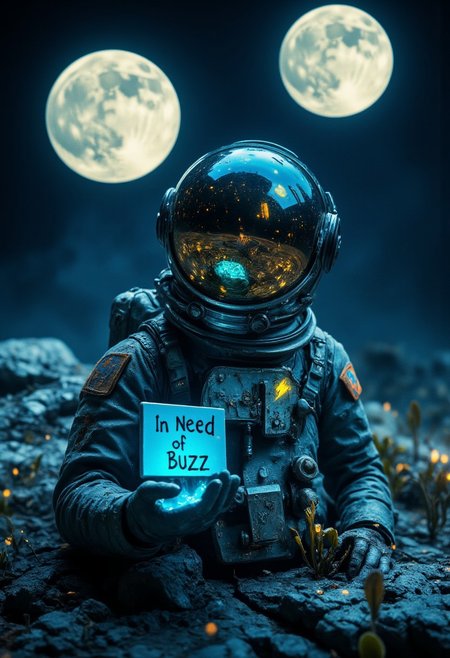 ((aidmaimageupgrader)), A hyper-realistic close-up of a lone astronaut standing on an alien planet, their reflective helmet visor showing a vast, uncharted landscape under two massive, glowing moons. The astronaut’s suit is worn and dusty, with a small, hand-painted blue and yellow thunderbolt symbol—the icon for ‘Buzz’—on the chest plate. One gloved hand is extended forward, palm open, holding a tiny, holographic sign that reads, ‘In Need of Buzz.’ Reflected in the visor, strange bioluminescent plants glow in shades of electric blue and neon green, casting eerie light across the cracked, rocky terrain. The soft glow of alien flora around them enhances the feeling of solitude, as if this lone explorer is stranded at the edge of the universe, humbly seeking the support of passersby.