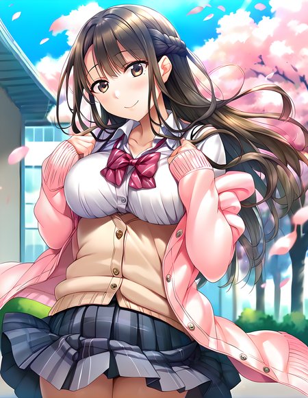 <lora:pony_xl_ayame:1>,ayame,score_9,score_8_up,score_7_up,source_anime,1girl,school uniform,open clothes,red bow,pink cardigan,white collared shirt,blue pleated skirt,plaid skirt,striped,socks,park,kind_smile,standing,front view,wind,