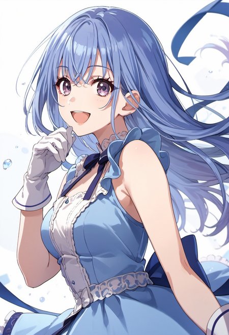 score_9, score_8_up, score_7_up, source_anime, suzuki hana, long hair, blue hair, purple eyes, 1girl, solo, gloves, dress, blue dress, smile, white gloves, open mouth, looking at viewer, :d, from side, bow