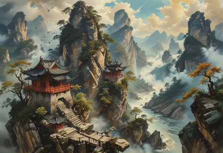 ultra fine detail, highly detailed and intricate details, cinematic, high definition, Tianzi Mountains, Chinese mountains, blue skies,  forest, river, birds flying, sun behind mountain, shadow cast, The mountains are tall, there are few trees on the mountain, there are stone stairs leading up the mountains, the mountains pierce the sky, the clouds are swirling around the frog shaped mountains, the clouds are breaking apart allowing light to pass through them, there is an old monk walking up the stair case, the old monk is smoking from a pipe, there are red wooden guard railings along the stair case up the mountain,  dragon fling between the mountains, advntr, (ink-style, ink_wash_painting),