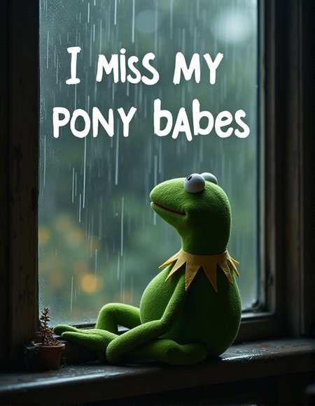 floating text at the top of the image "I miss my pony babes" wrtten with huge white letters , kermit the frog looking at window from inside during rain