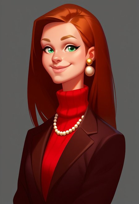score_9, score_8_up, score_7_up, score_9, score_8_up, score_7_up, casual game art style, casual game art, mobile game art, merge 3 game art, character design, casemrart, victit,1girl, solo, green eyes, brown hair, long hair, red sweater, formal, (dark brown jacket), suit, closed mouth, smile, gold earrings with pearl, pearl necklace, medium close-up shot, looking at viewer, simple background, grey background