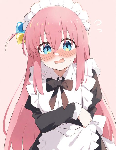 <lora:ruiruika:1.3>,1girl,gotoh hitori,bocchi the rock!,flustered,awkward,maid,alternate costume,pastel colors,light pink background,, masterpiece, best quality, very aesthetic, absurdres,newest, incredibly absurdres,