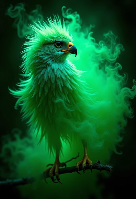aidmaimageupgrader, a high quality digital image of a neon bright green magical young hawk, she is surrounded by a powerful wind vortex