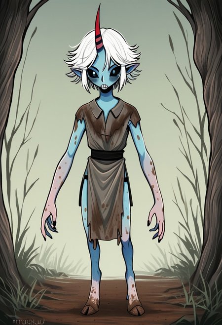 ((Alien humanoid)), solo, androgynous, aquatic features 
blue skin, ((webbed skin between fingers)),
((nostrils only, nostril slits, vertical nasal slits, narrow nostrils)):1.6, ((narrow eyes)), ((black sclera, black irises)), smooth skin,  pointy ears, small ears, tiny ears, holes in skin, forehead horn, short horn, veiny horn, ((single horn)):1.0, ((4 fingers)), fingernails, thin lips, ((white hair)), ((short hair, spiky hair)), sharp teeth, ((digitigrade legs)), bent legs,
full body shot
ragged clothes, muddy clothes, loincloth, tunic, dirty
Medieval style, fantasy style,
style: f33f4l,
((Variety)):1.2
((dutch angle))
river background
fully clothed, loose clothing, clean lines, smooth colors, detailed fingers, sfw, source: semi-realistic, rating: pg, score: 8 up, score: 9