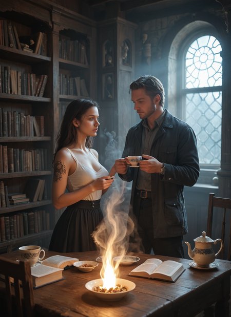score_9, score_8_up, score_7_up,
Storm in a teacup, steam producing large whirlwind,
she is thin, tall, busty, sat with teaspoon in hand,
Cinematic lighting,couple,
masterpiece, best quality, highly detailed, sharp focus, dynamic lighting, cinematic lighting, volumetric lighting, realistic,eye catching,many shelves with books and many strange clocks, magic mirror, tattoo at her feet