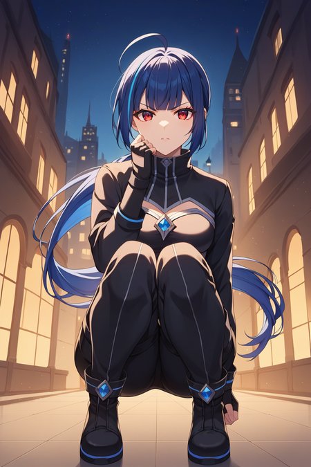 score_9, score_8_up, score_7_up, source_anime, 1girl, prefect lighting, very aesthetic, intricate details, highly detailed background, masterpiece, high quality, prefect hands, best quality, solo,
<lora:Assassin_Nagi_Nekono_Oyashiro_V1:.75>, KJOnagi, blue hair, white streaked hair, red eyes, blunt bangs, ahoge, low ponytail, 
dark jacket, turtleneck, pants, thigh high boots, medium sleeves, fingerless gloves, 
raised fist, squatting, looking at viewer, angry, hand up, 
night, city, street, tall buildings, 
(Beautiful, medium Breasts:1.2), natural breasts,