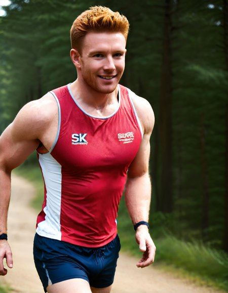 Detailed picture of Luke a man <lora:Luke_McNevyn:1.3>, jogging in the hiking trail wearing Superdry sportswear vest and shorts, gorgeous lighting, HDR, 8K, realistic, highly detailed, smile, <lora:add-detail-xl:1>