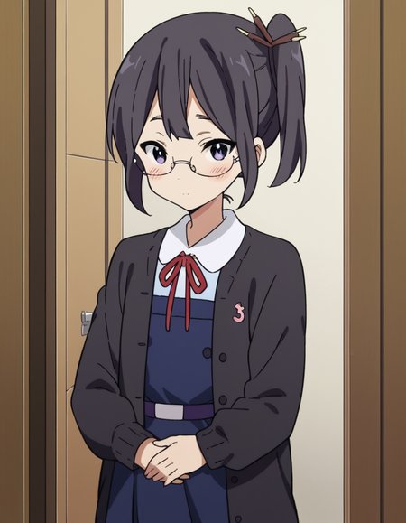score_9, score_8_up, score_7_up, source_anime, <lora:shiori-asagiri-s1-ponyxl-lora-nochekaiser:1>, shiori asagiri, short hair, black hair, hair ornament, glasses, purple eyes, side ponytail, hair stick,, school uniform, open clothes, cardigan, open cardigan, ribbon, red ribbon, dress, blue dress, black cardigan,, closet, clothes, shelves, hangers, storage, , hand on stomach, blush,, looking at viewer, solo,, dutch angle, cowboy shot