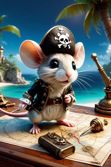 disney pixar sytle, masterpiece,  a little pirate mouse standing on an ancient weathered map of a mystical pirate island in the carribbean, way to a hidden treasure marked with a red cross, lying on a wooden table, magnifying glass, dagger, extremely detailed, 4k, hdr,  <lora:ste4mpunk:0.6> ste4mpunk, <lora:SDXLFaeTastic2400:0.8>