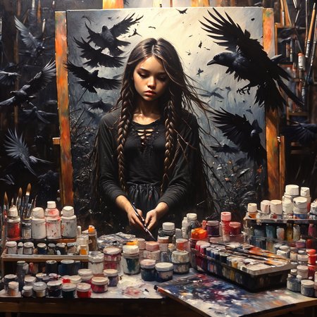 oneironartifex onefex a painting in a painting studio, girl artist painter and raven, darkness, very detailed<lora:oneironartifex:1.2>