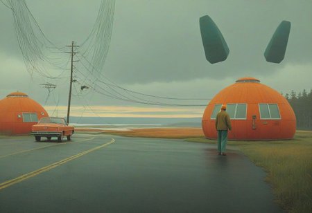 Vibrant (George Tooker) and (Simon Stalenhag) and (Holly Andres) book cover style.
Title: "The Closer".
Life-like details.
Cinematic. Dramatic. Dynamic. 
Pristine Aesthetic.
Enigmatic.
Emotionally Moving.
Moody.
Extremely refined lines and and shapes.
Extremely refined details on objects.
Sharp details.
Complementary colors.
Many details everywhere. Ray-Tracing. Anti-Aliasing. Realistic soft shadows. Low saturation colors. Insane quality. Insane resolution. Insane details. Masterpiece. 32k resolution.